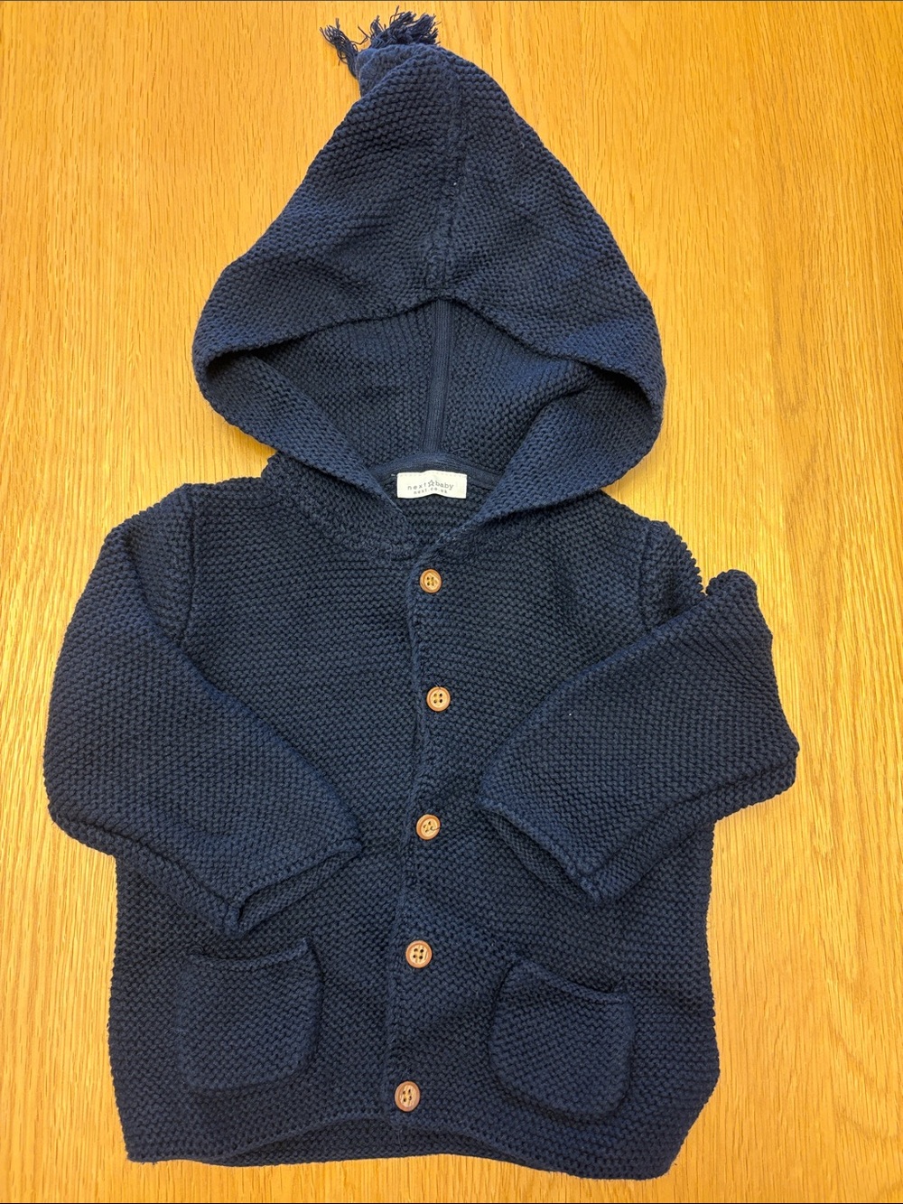 Next Baby Navy Knit Hooded Cardigan with Wooden Buttons 9-12 months